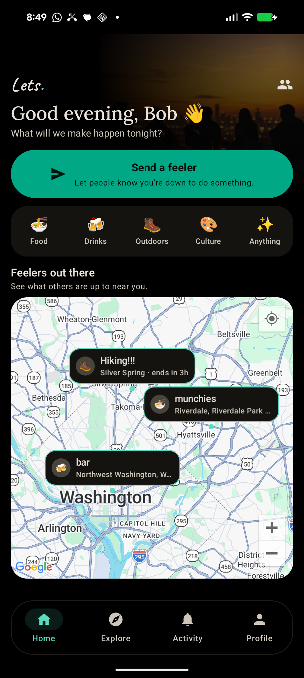 Lets home screen: 'Good evening' greeting, a big 'Send a feeler' button, category shortcuts for food, drinks, outdoors and culture, and a map of nearby feelers — hiking, munchies, a bar.