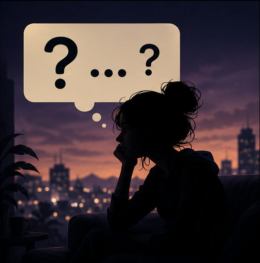 Someone sitting alone at dusk above the city lights, a thought bubble full of question marks over their head.