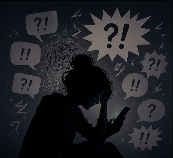 The same person hunched over their phone, surrounded by a chaotic swarm of question and exclamation marks.