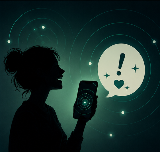 The person smiling, holding up a glowing phone with a radar signal and a heart in a speech bubble.