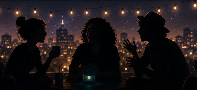 A group of friends together at a rooftop table under string lights, laughing and talking with the city glowing behind them.